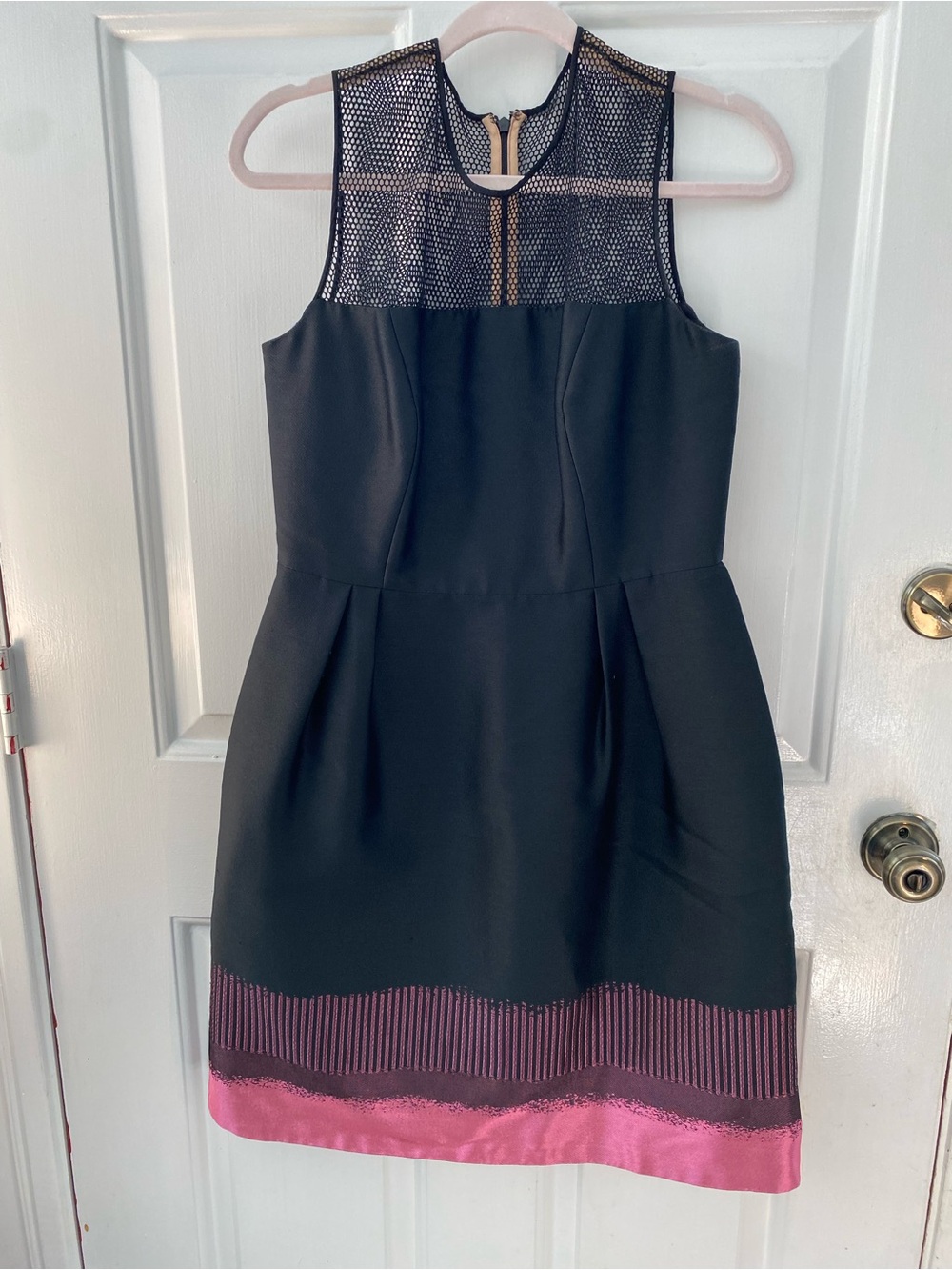 Carmen Marco Valvo Black Sleeveless Mesh Yoke Dress with Pink Hem